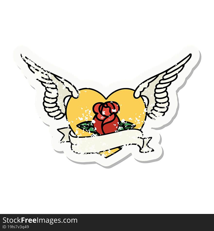 distressed sticker tattoo in traditional style of a flying heart with flowers and banner. distressed sticker tattoo in traditional style of a flying heart with flowers and banner