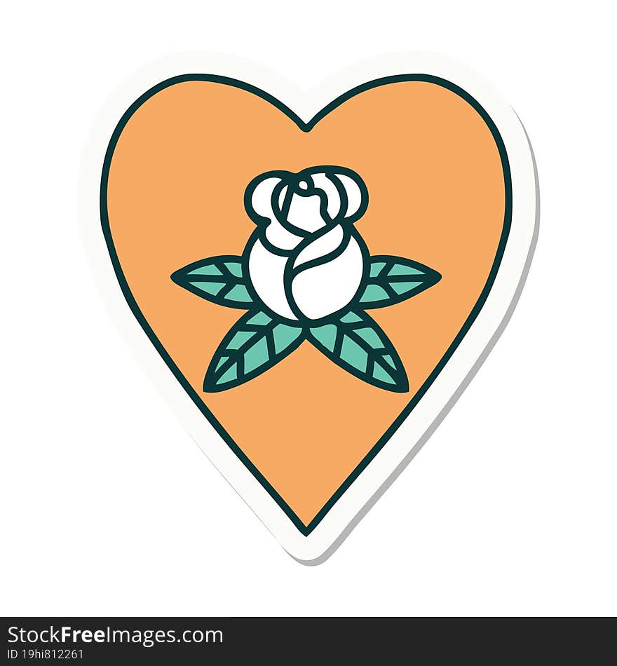 sticker of tattoo in traditional style of a heart and flowers. sticker of tattoo in traditional style of a heart and flowers