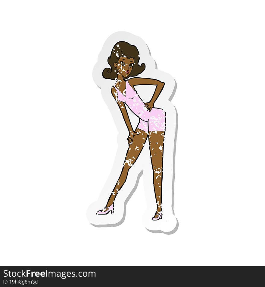 retro distressed sticker of a cartoon model woman posing