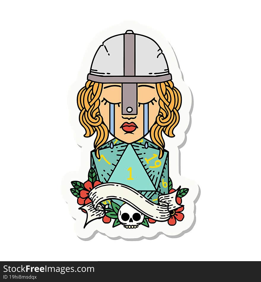 Crying Human Fighter With Natural One D20 Dice Roll Sticker