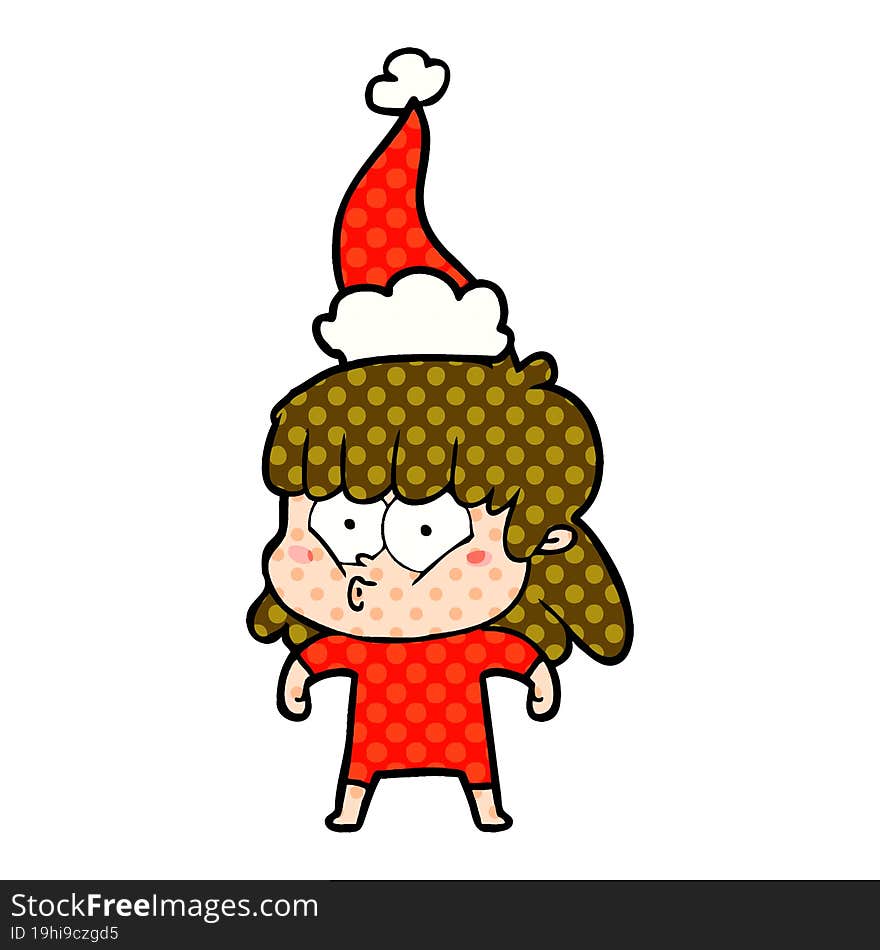 comic book style illustration of a whistling girl wearing santa hat