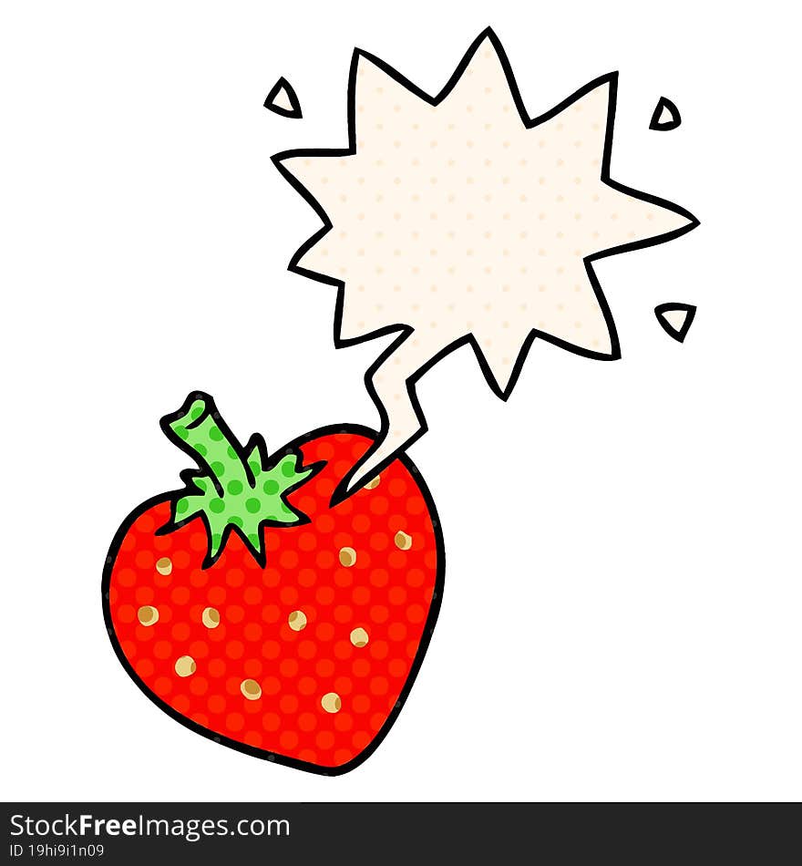 cartoon strawberry with speech bubble in comic book style