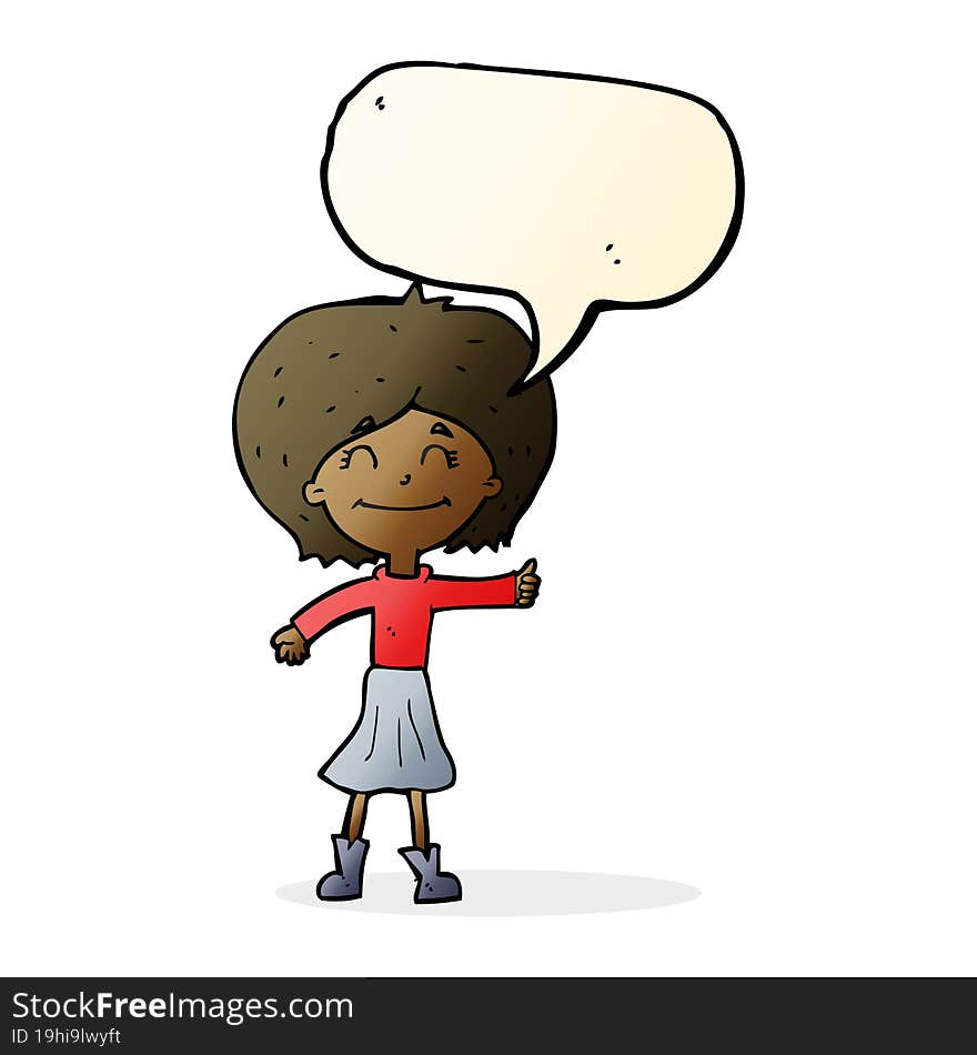 cartoon happy girl giving thumbs up symbol with speech bubble