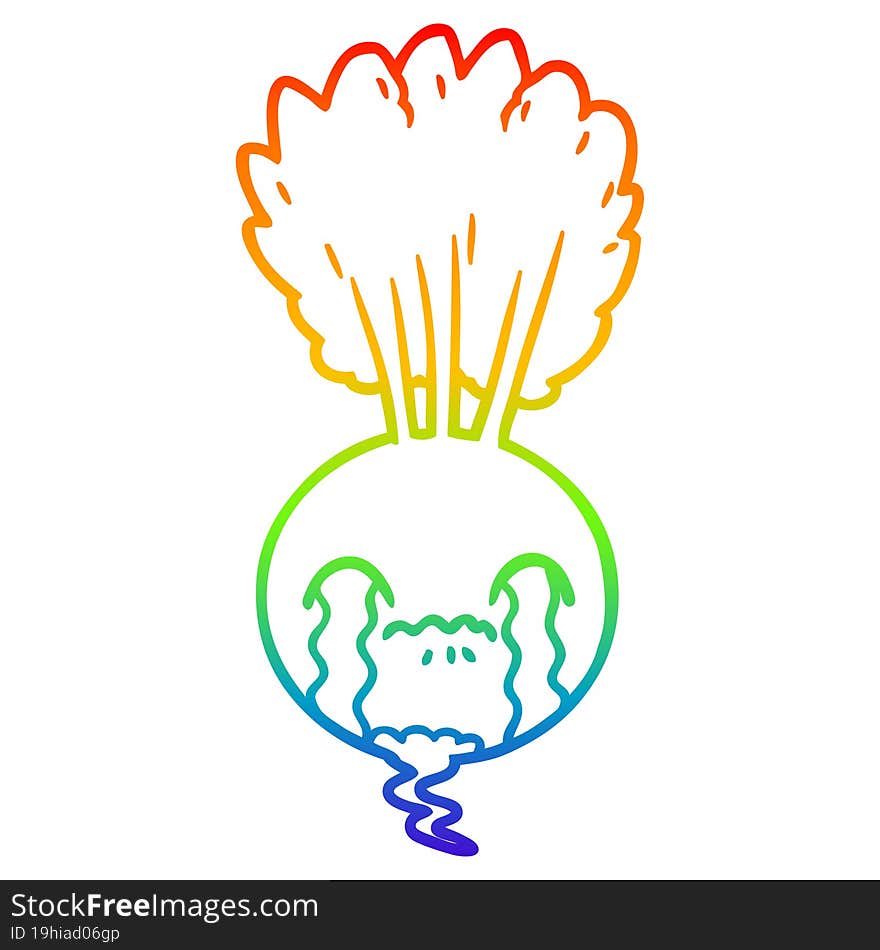 rainbow gradient line drawing of a crying beet cartoon