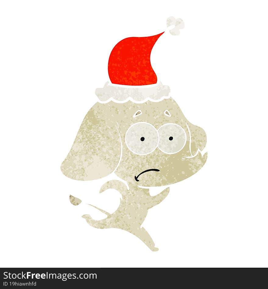 retro cartoon of a unsure elephant running away wearing santa hat