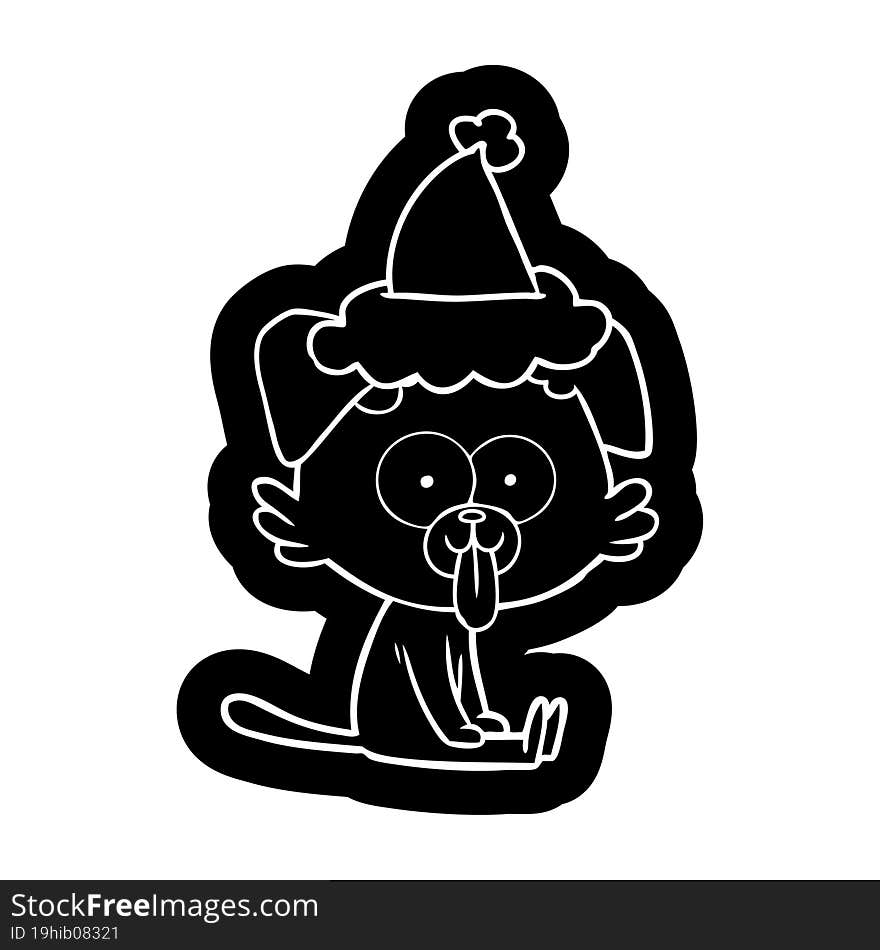 cartoon icon of a sitting dog with tongue sticking out wearing santa hat