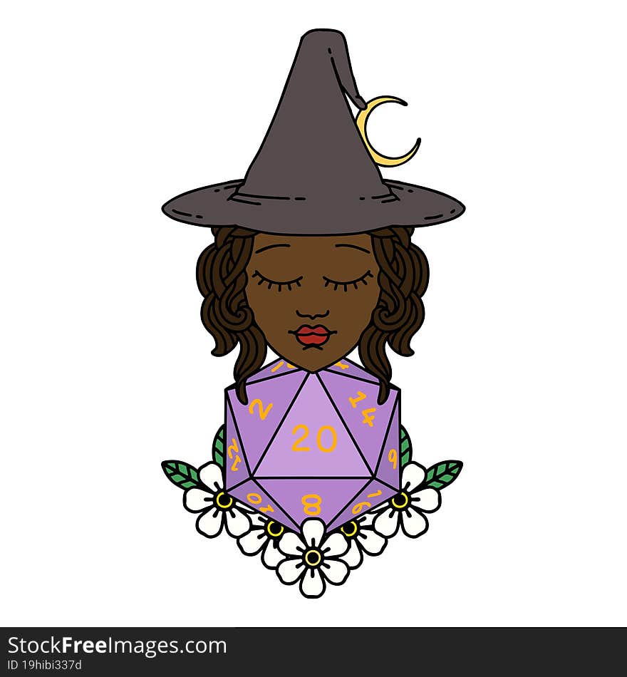 human witch with natural twenty dice roll illustration