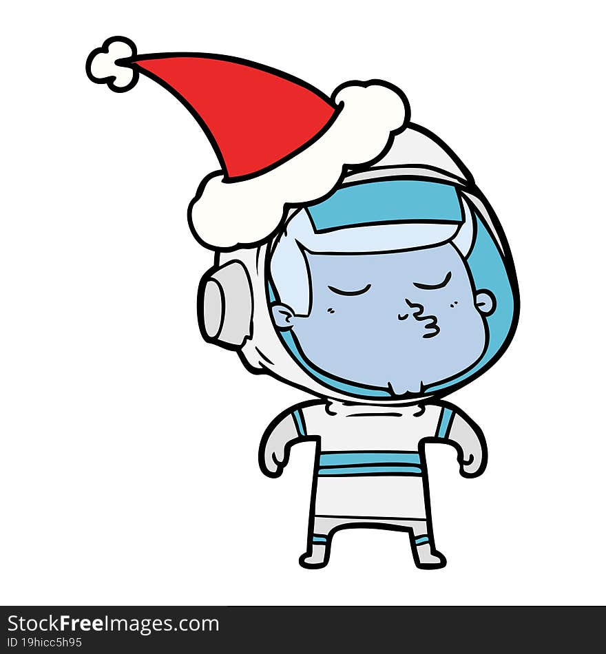 line drawing of a confident astronaut wearing santa hat