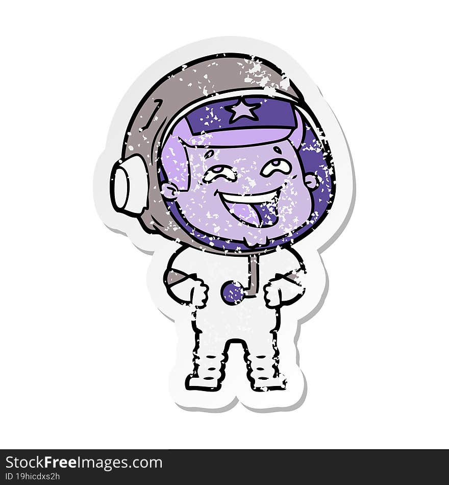 distressed sticker of a cartoon laughing astronaut