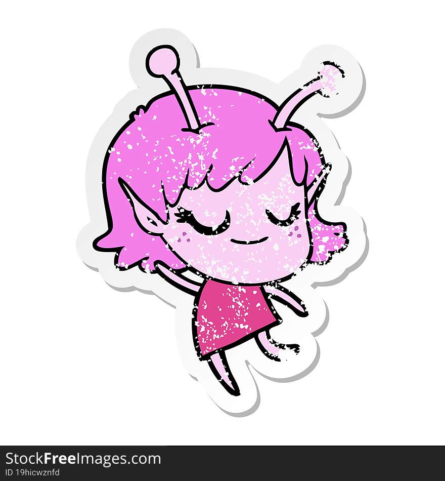 distressed sticker of a smiling alien girl cartoon