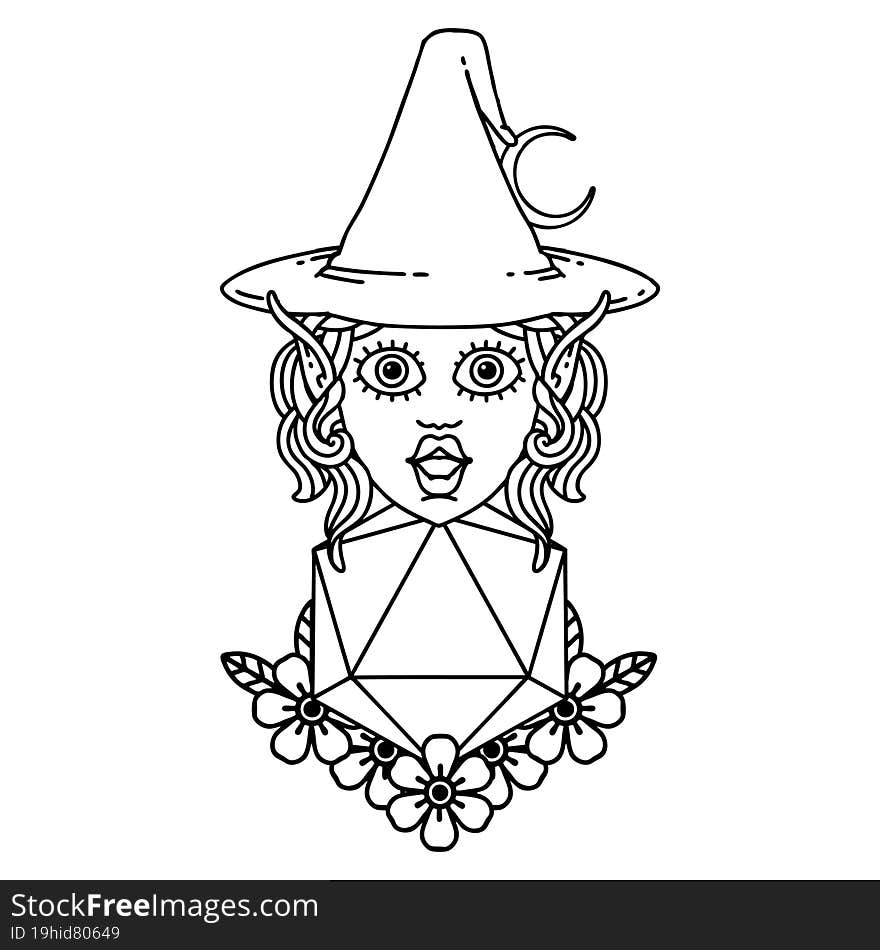 Black and White Tattoo linework Style elf mage character with natural twenty dice roll. Black and White Tattoo linework Style elf mage character with natural twenty dice roll