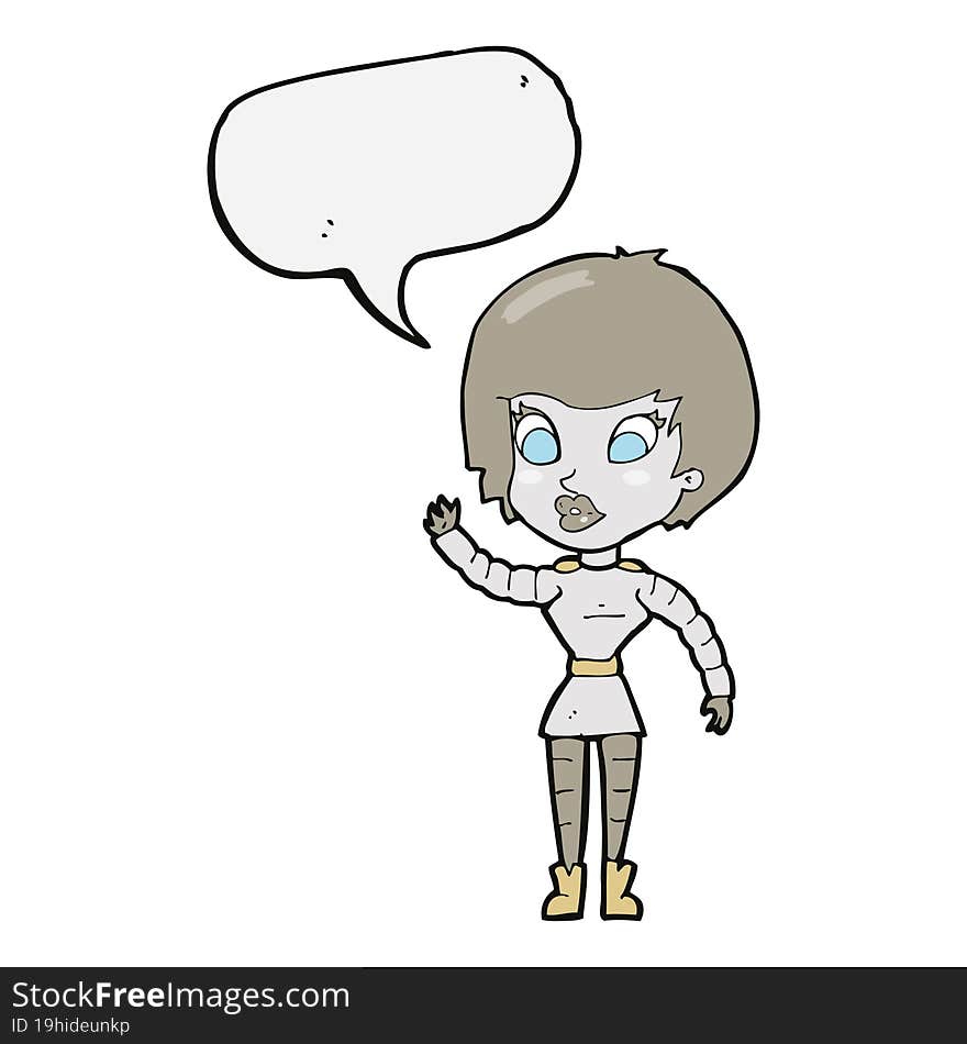 cartoon robot woman waving with speech bubble