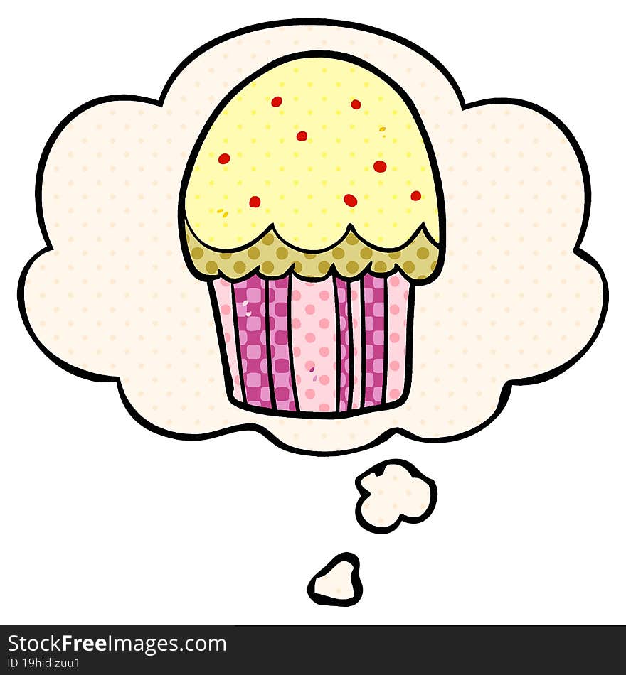 cartoon cupcake with thought bubble in comic book style