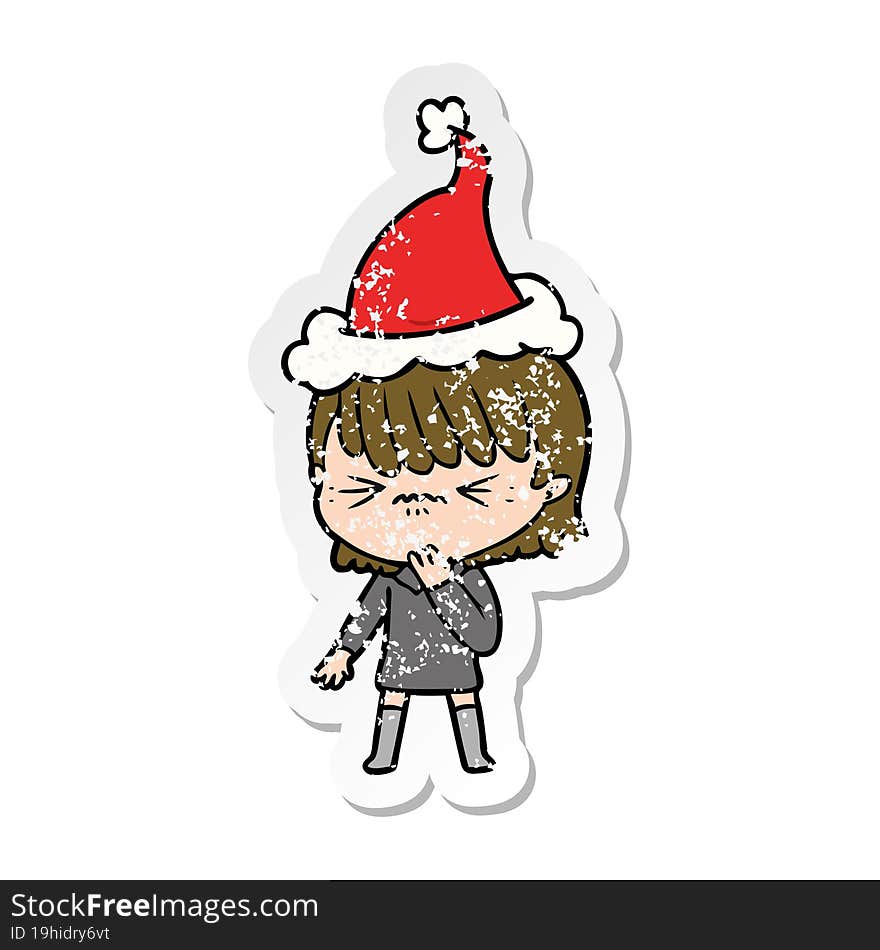 hand drawn distressed sticker cartoon of a girl regretting a mistake wearing santa hat