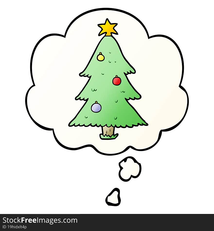 cartoon christmas tree with thought bubble in smooth gradient style