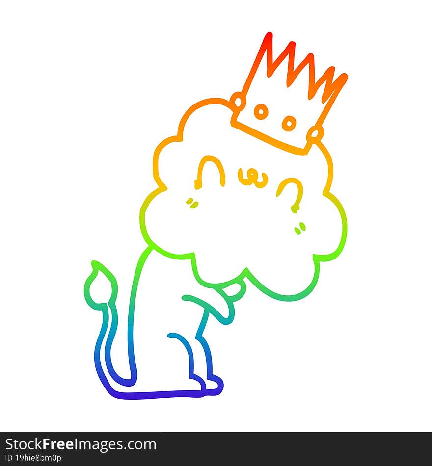 rainbow gradient line drawing cartoon lion with crown