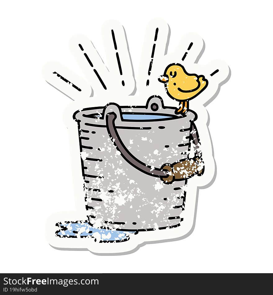 grunge sticker of tattoo style bird perched on bucket of water