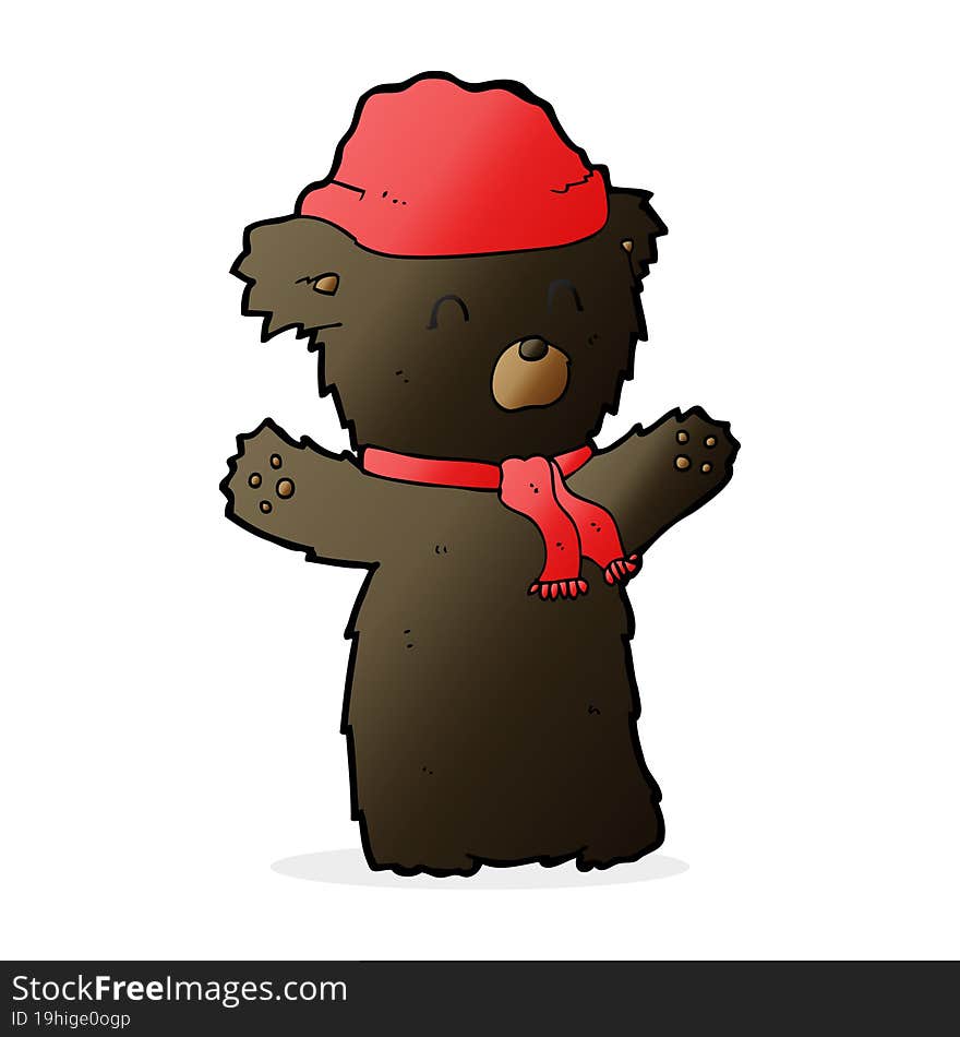 Cartooon Cute Black Bear In Hat And Scarf