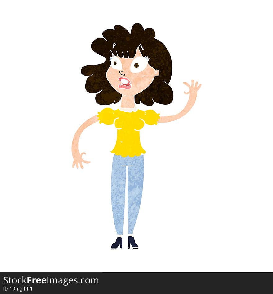 cartoon worried woman waving