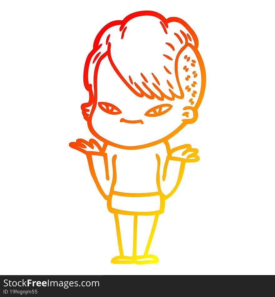 warm gradient line drawing of a cute cartoon girl with hipster haircut