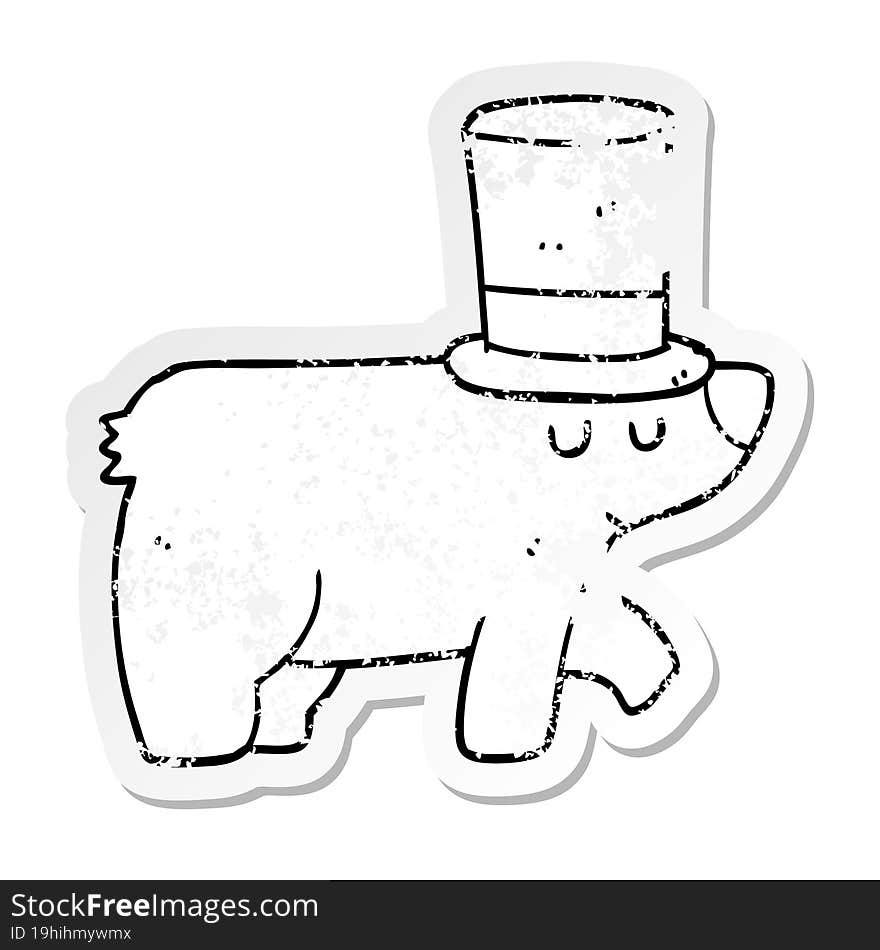 distressed sticker of a cartoon bear wearing top hat