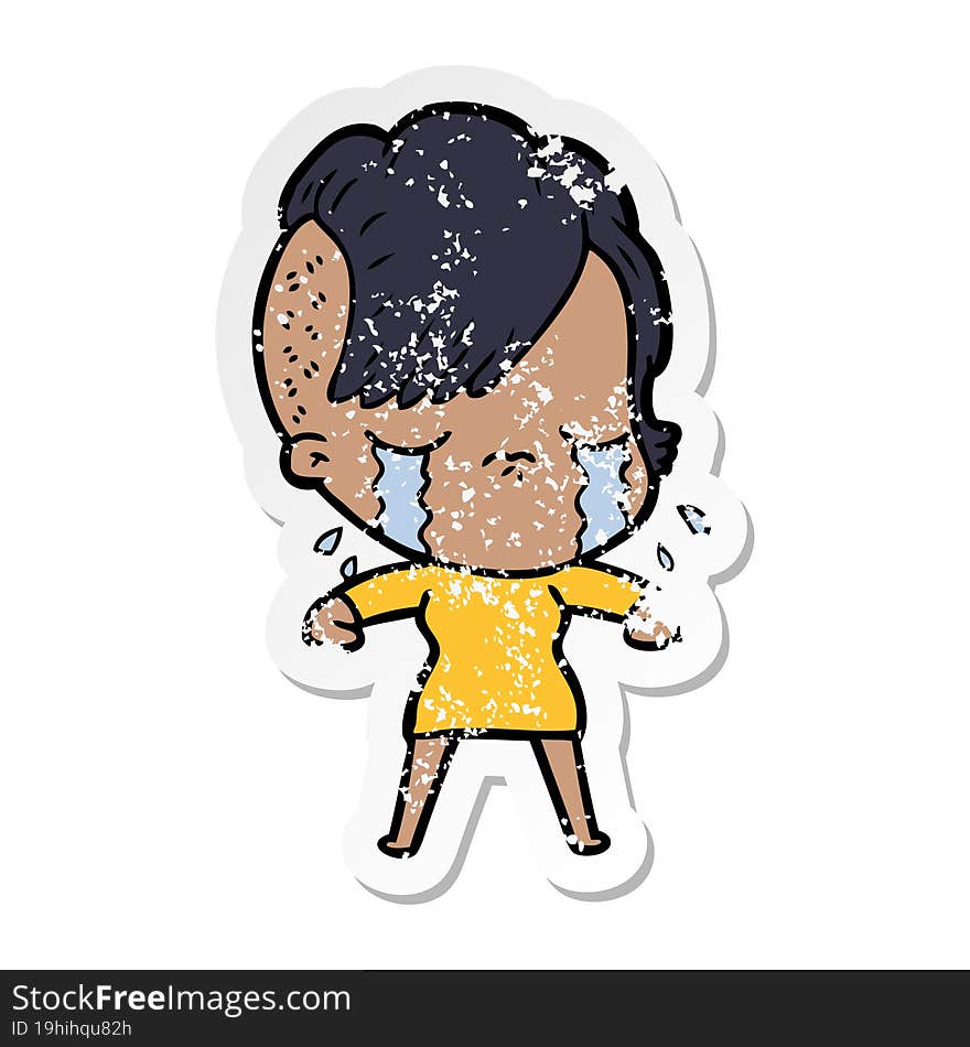 distressed sticker of a cartoon crying girl