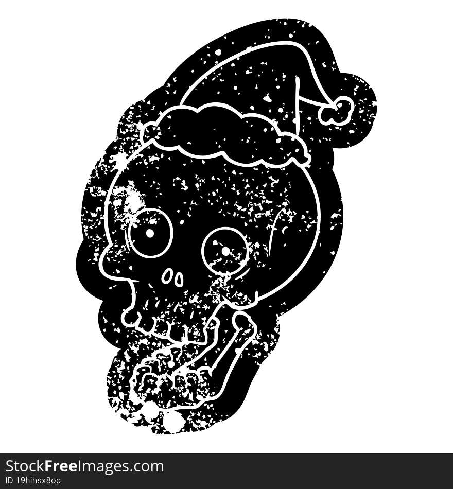 cartoon distressed icon of a skull wearing santa hat