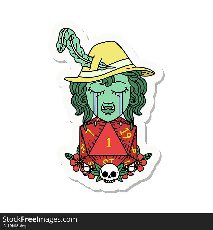 crying bard orc bard character with natural one D20 roll sticker