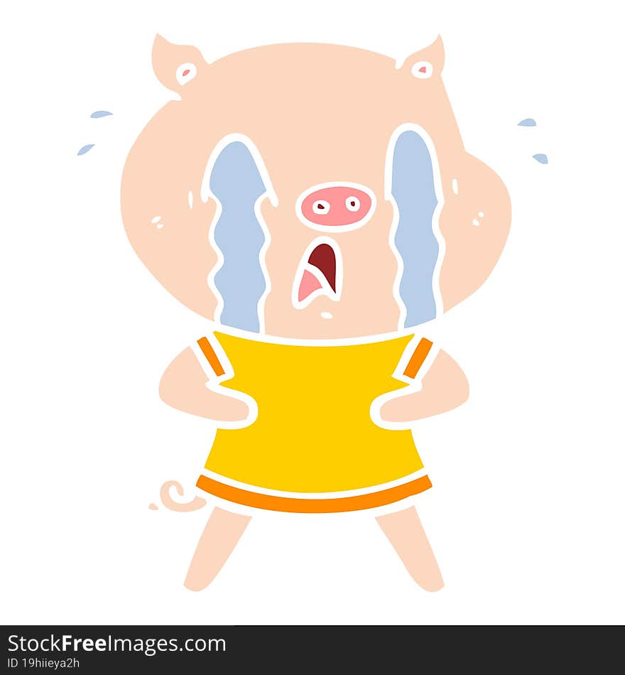 crying pig flat color style cartoon wearing human clothes