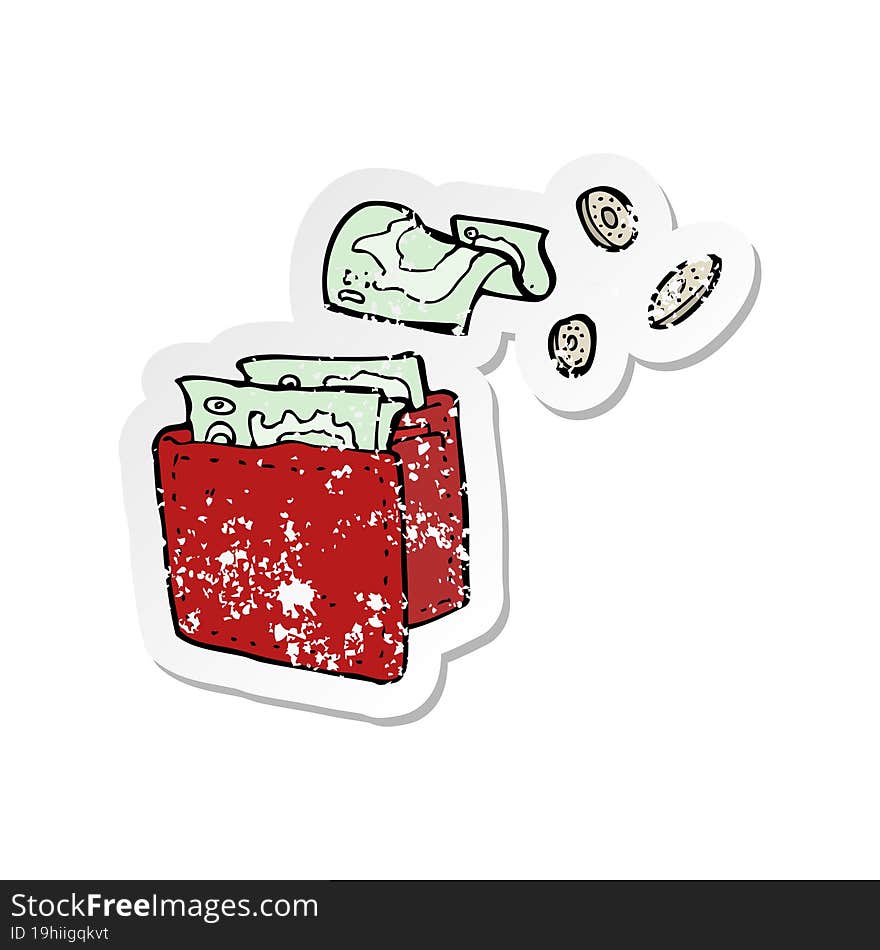 retro distressed sticker of a cartoon wallet spilling money