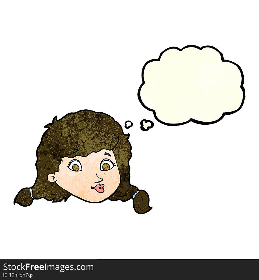 cartoon pretty female face with thought bubble