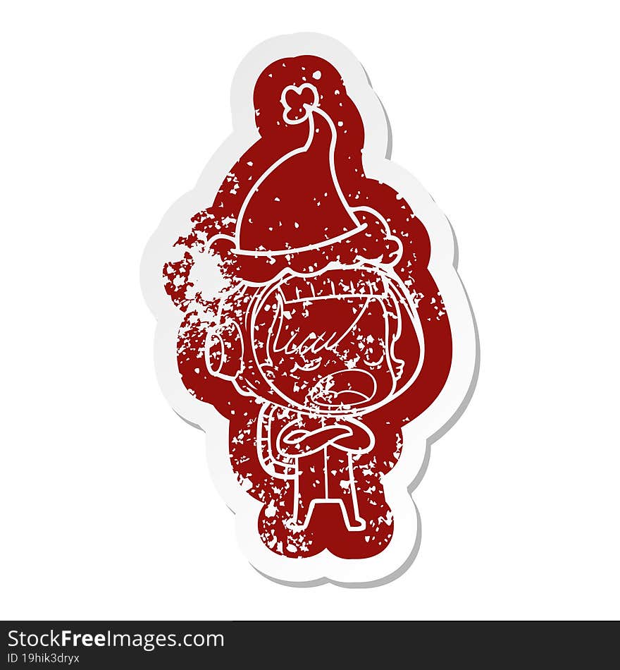 quirky cartoon distressed sticker of a astronaut woman explaining wearing santa hat