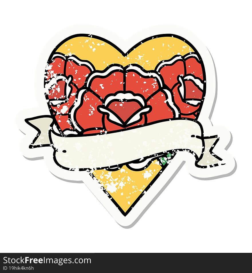 Traditional Distressed Sticker Tattoo Of A Heart And Banner With Flowers