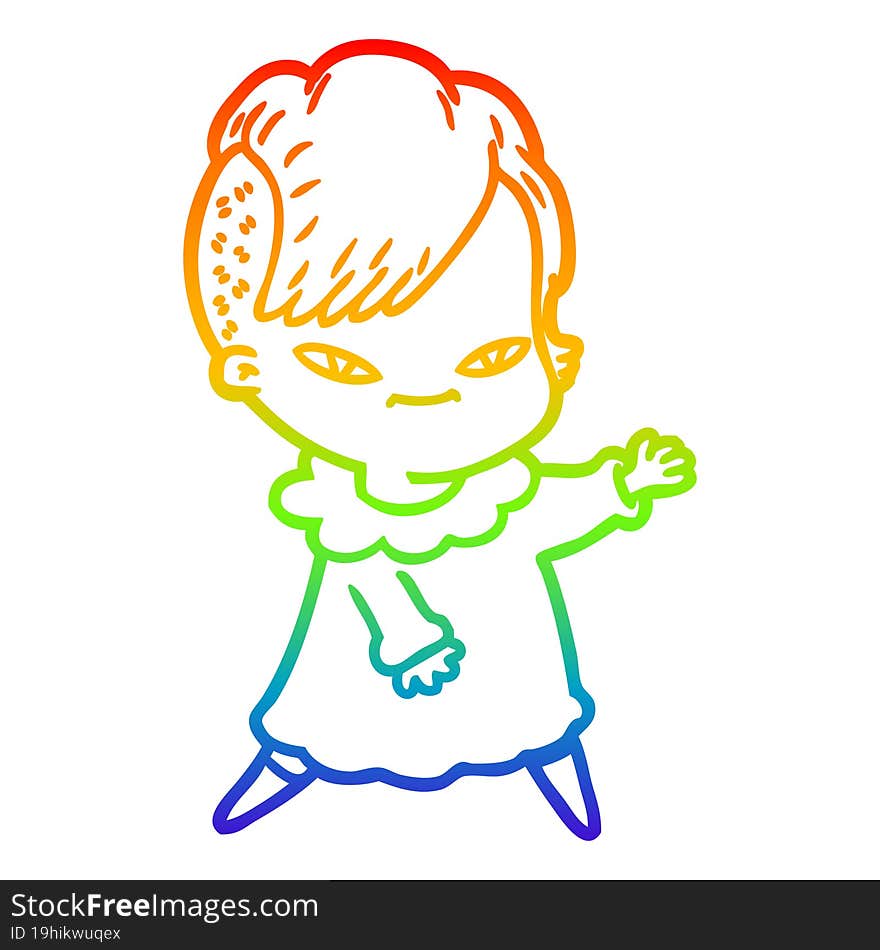 rainbow gradient line drawing of a cute cartoon girl with hipster haircut