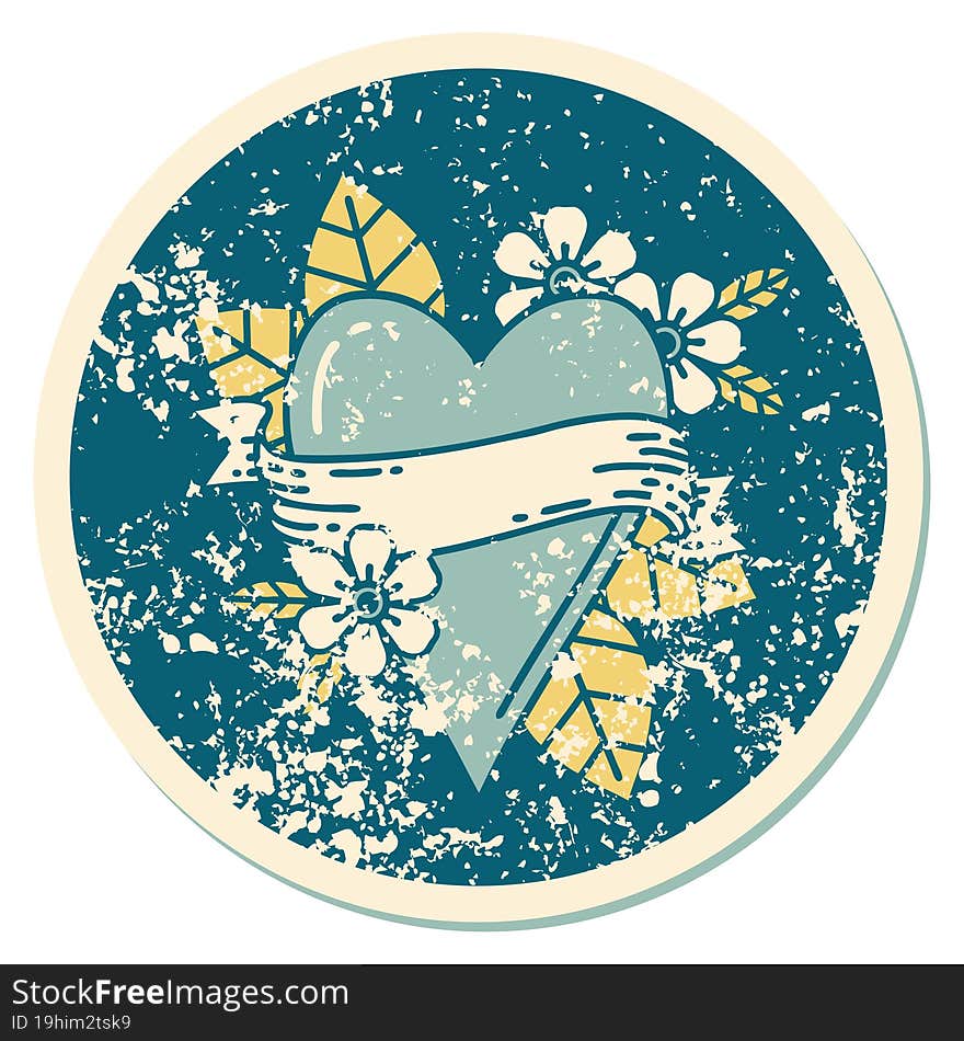 Distressed Sticker Tattoo Style Icon Of A Heart And Banner