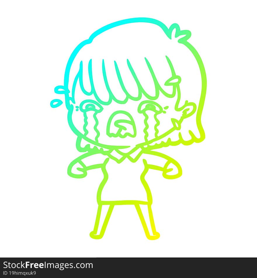 cold gradient line drawing of a cartoon girl crying