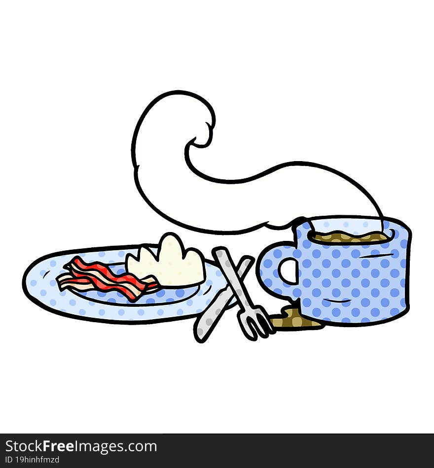 cartoon breakfast of coffee and bacon. cartoon breakfast of coffee and bacon