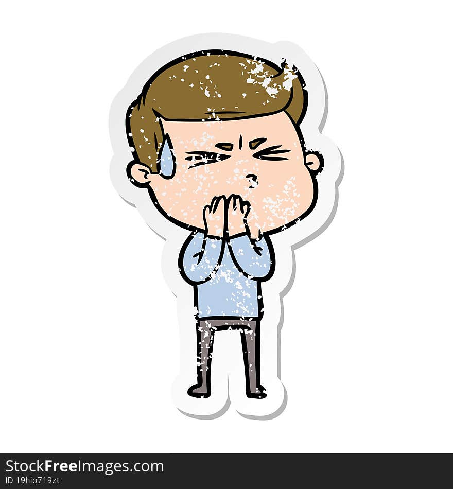 Distressed Sticker Of A Cartoon Man Sweating