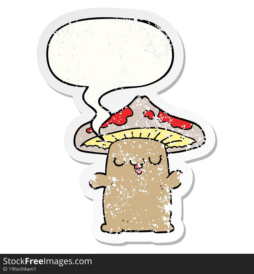 cartoon mushroom creature and speech bubble distressed sticker