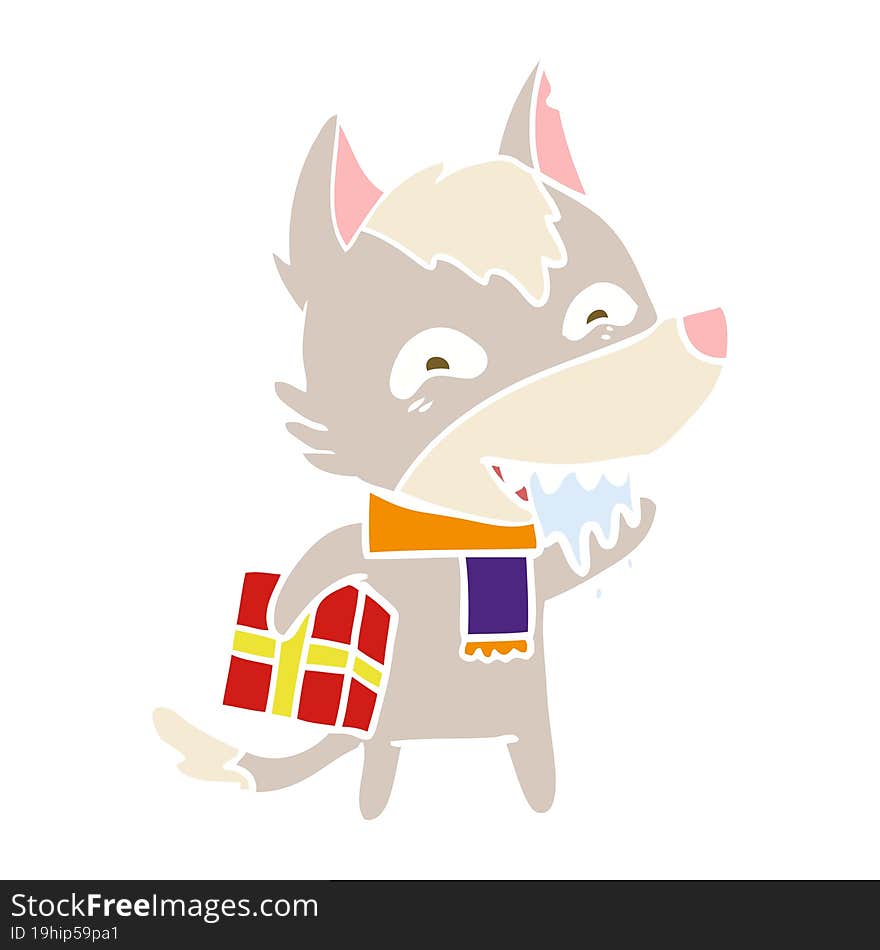 flat color style cartoon hungry wolf holding christmas present