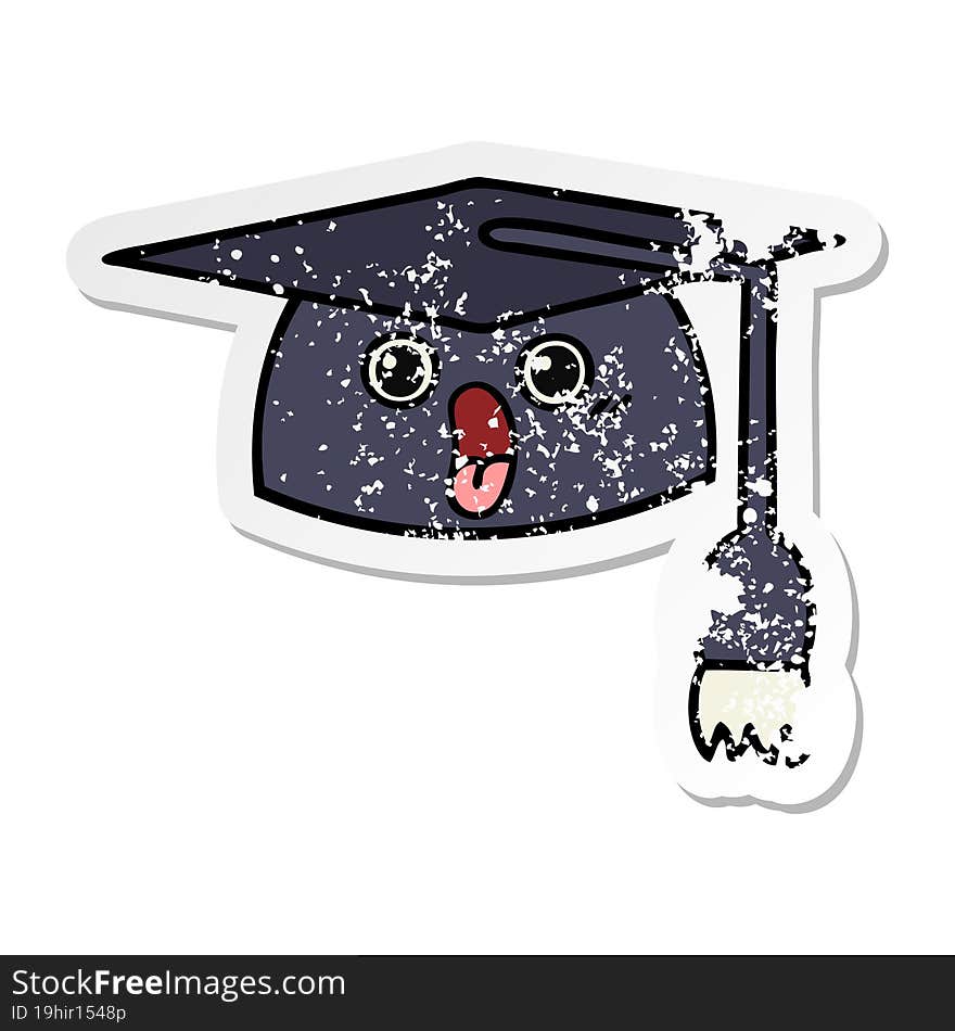 distressed sticker of a cute cartoon graduation hat