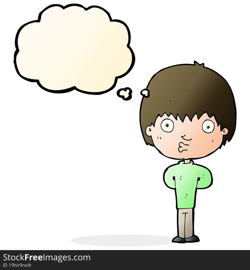 cartoon whistling boy with thought bubble