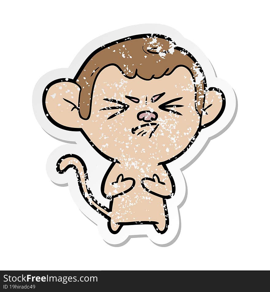 distressed sticker of a cartoon annoyed monkey