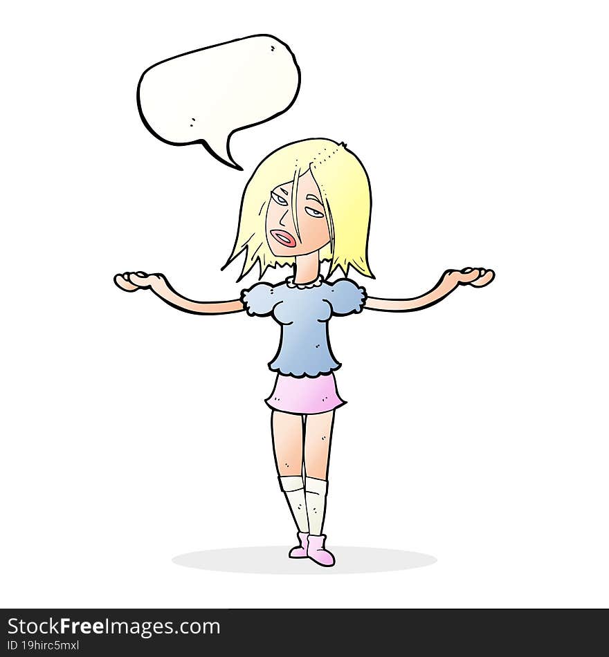 cartoon woman shrugging shoulders with speech bubble