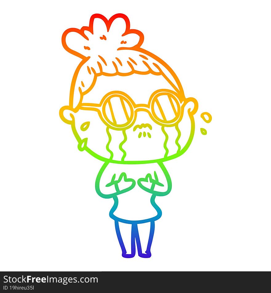 rainbow gradient line drawing cartoon crying woman wearing dark glasses