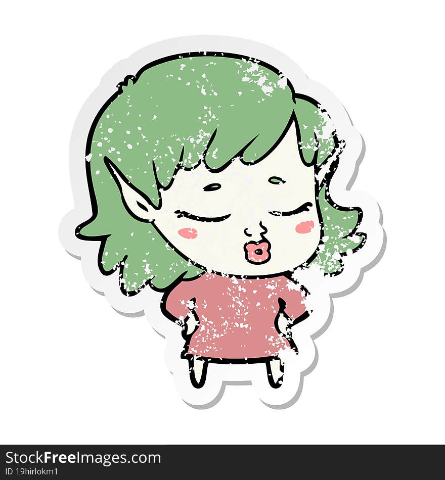 distressed sticker of a pretty cartoon elf girl