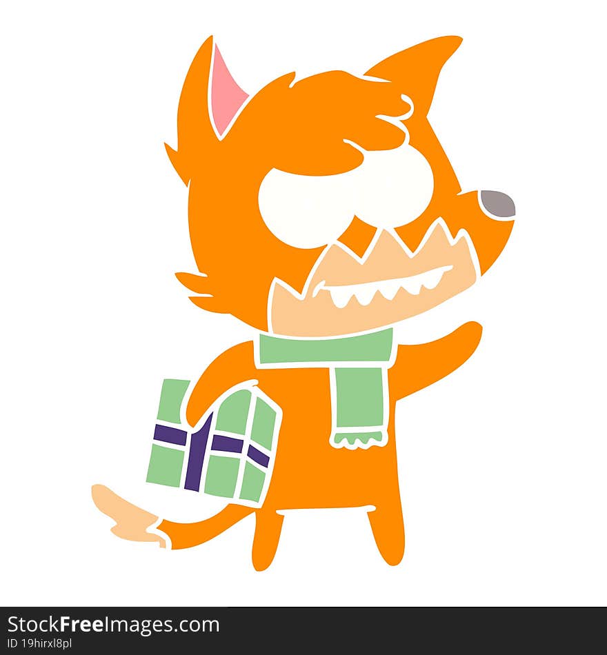 flat color style cartoon grinning fox with christmas present