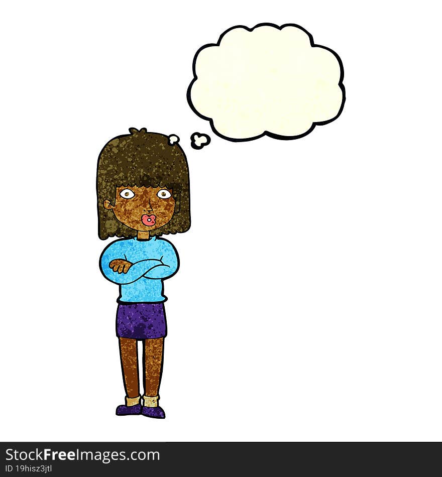 cartoon impatient woman with thought bubble