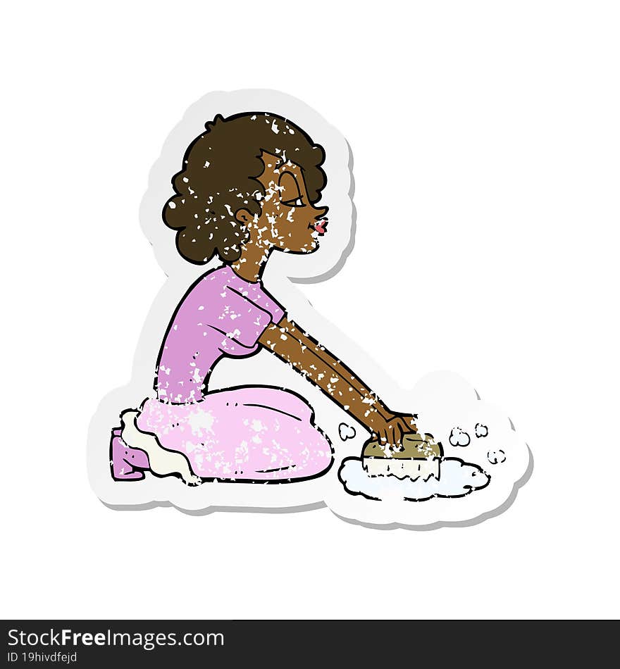 retro distressed sticker of a cartoon woman scrubbing floor