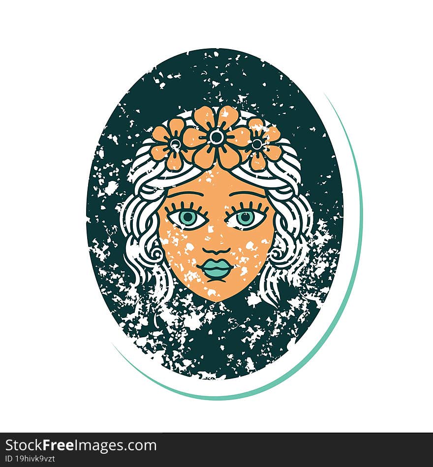 distressed sticker tattoo style icon of a maiden with crown of flowers